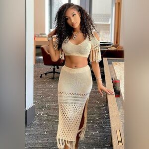 Fashion Nova Cream Knit Fringe Skirt Set